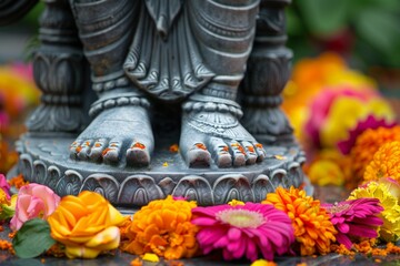 Fototapeta premium Intricately decorated feet of a deity surrounded by colorful flower petals.