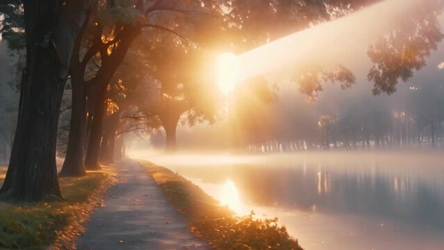 An evening view of a misty forest road with the mist of a calm lake rising from the water and the silhouettes of trees reflected in the calm surface A peaceful atmospheric view of natural beauty and s