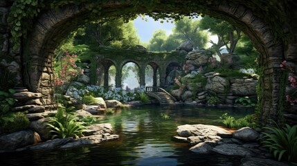 Fototapeta premium Mystical overgrown ruins of an ancient temple in a lush green forest with a beautiful pond.