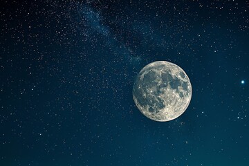 A close-up view of a full moon against a backdrop of a starry night sky.