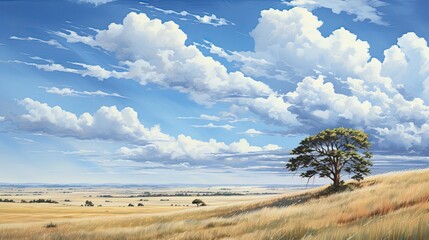 The image shows a beautiful landscape with a large tree in the foreground and a vast field of grass stretching into the distance.