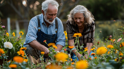 Senior couple gardening and planting flowers in their backyard Stock Photo with copy space - Powered by Adobe