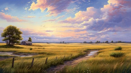 A beautiful landscape painting of a golden wheat field with a small house in the distance.