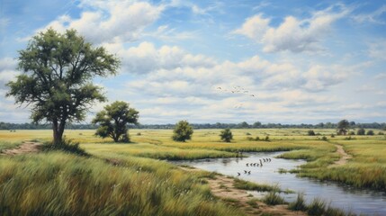 Obraz premium The image is of a beautiful landscape with a river running through it.