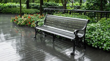 A modern planter bench sits on a city street with a pedestrian walking by. The bench is filled with various greenery and flowers