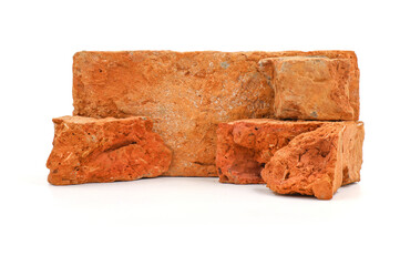 Solid clay bricks used for construction,Old red brick isolated on white background. Shattered bricks isolated.