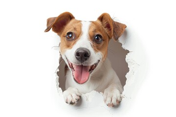 A little dog passing through white paper