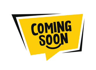 Coming soon text with speech bubble and smile lip line. For icon, logo, label, insigna, seal, tag, sign, seal, symbol, badge, sticker, emblem, banner, etc. Vector Illustration