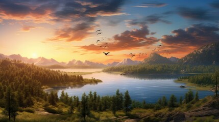 Fototapeta premium The sun sets over a beautiful mountain lake. The sky is ablaze with color, and the water reflects the vibrant hues.