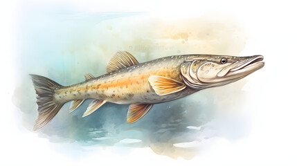 Fototapeta premium Pike under at sea Watercolor