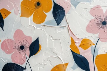 Minimalist, geometric floral pattern featuring pink and yellow flowers on a white background. Ideal for modern design and architectural studios. Generative AI