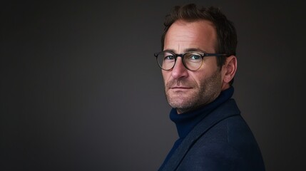 Obraz premium Portrait of a thoughtful middle-aged man wearing glasses. Dark background highlights the subject. Ideal for professional use in business, marketing, or editorial content. AI