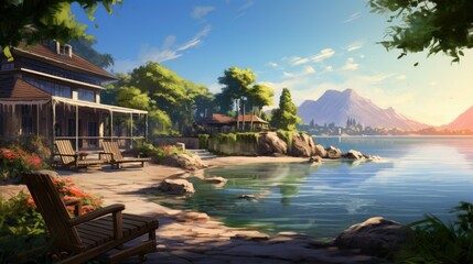 A beautiful lakeside home with a stunning view of the mountains. The home is surrounded by lush greenery and has a private beach.