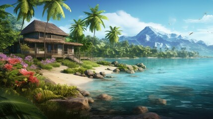 A beautiful beach scene with a thatched roof hut on the shore. The water is crystal clear and the sand is white and pristine.