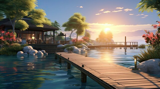 A beautiful lakeside home with a dock and a stunning view of the sunset.