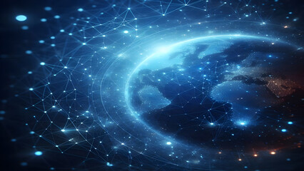 Obraz premium Blue abstract background with network grid and particles