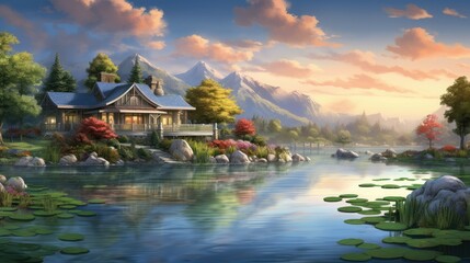 Fototapeta premium A beautiful lakeside home nestled in the mountains. The perfect place to relax and enjoy the peace and quiet of nature.