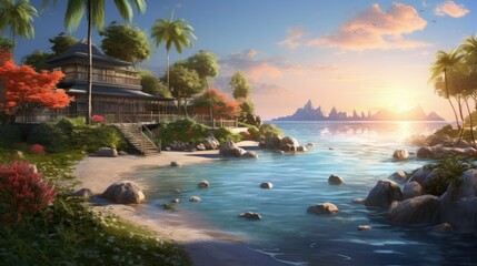 A beautiful beach house with a tropical garden and a stunning view of the ocean.