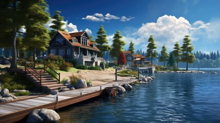 Obraz premium A beautiful lakeside home with a large dock and stunning views of the lake and mountains beyond.