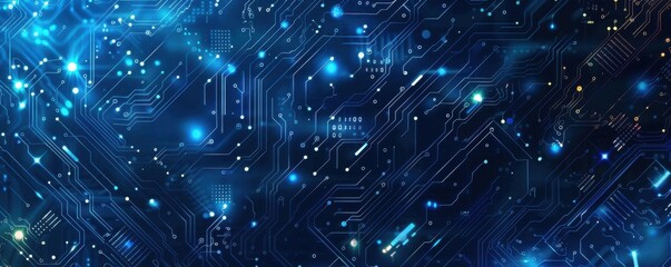Blue background with circuit board patterns, metallic textures, and glowing elements, tech and industrial, digital art