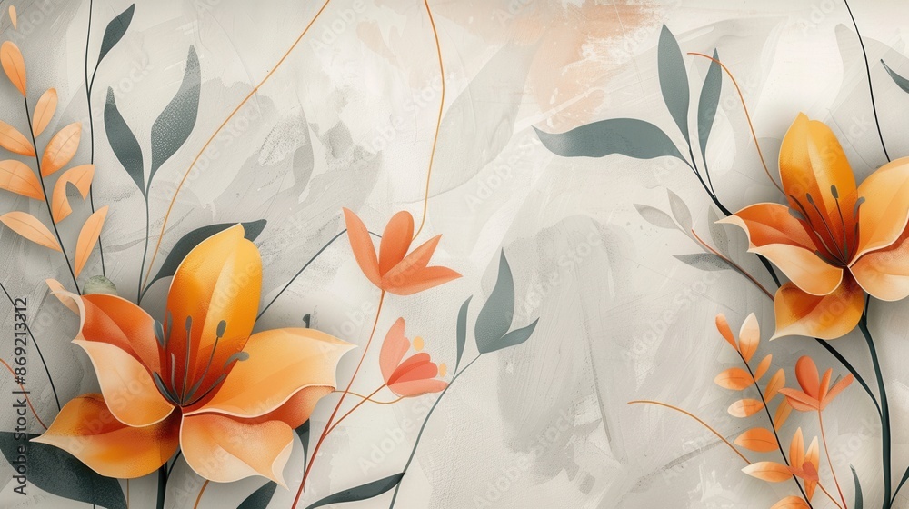 Poster a contemporary and clean design featuring minimalist, geometric floral patterns in shades of orange 