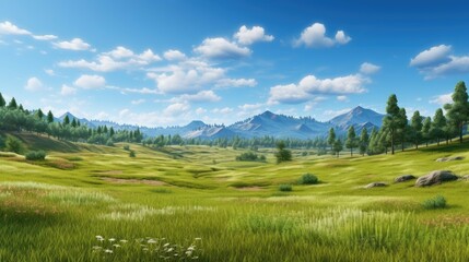 Fototapeta premium The image is of a beautiful landscape with green hills, blue sky and white clouds. The image is very calming and peaceful.