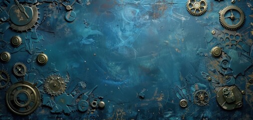 Naklejka premium Blue background with steampunk elements, metallic gears, and cogs, industrial textures, highdetail, mixed media