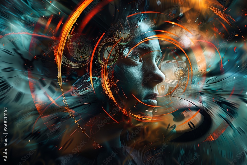 Poster An abstract of a person s face blending into a swirling vortex of colors and shapes, representing