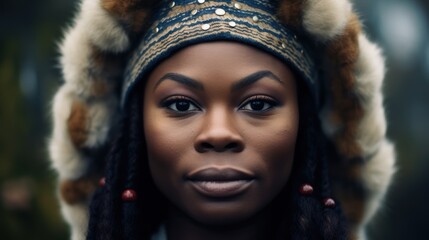 Striking portrait of a woman with intricate headpiece