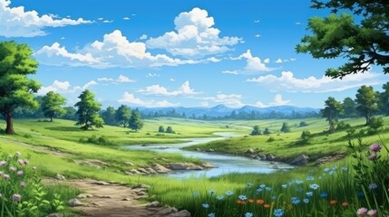 A beautiful landscape with a river running through it. There are green hills in the background and a blue sky with white clouds overhead.
