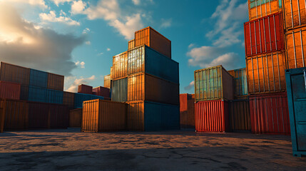cargo containers at sunset