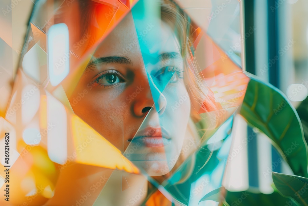 Poster an abstract of a person looking into a mirror that reflects not just their face, but a blend of