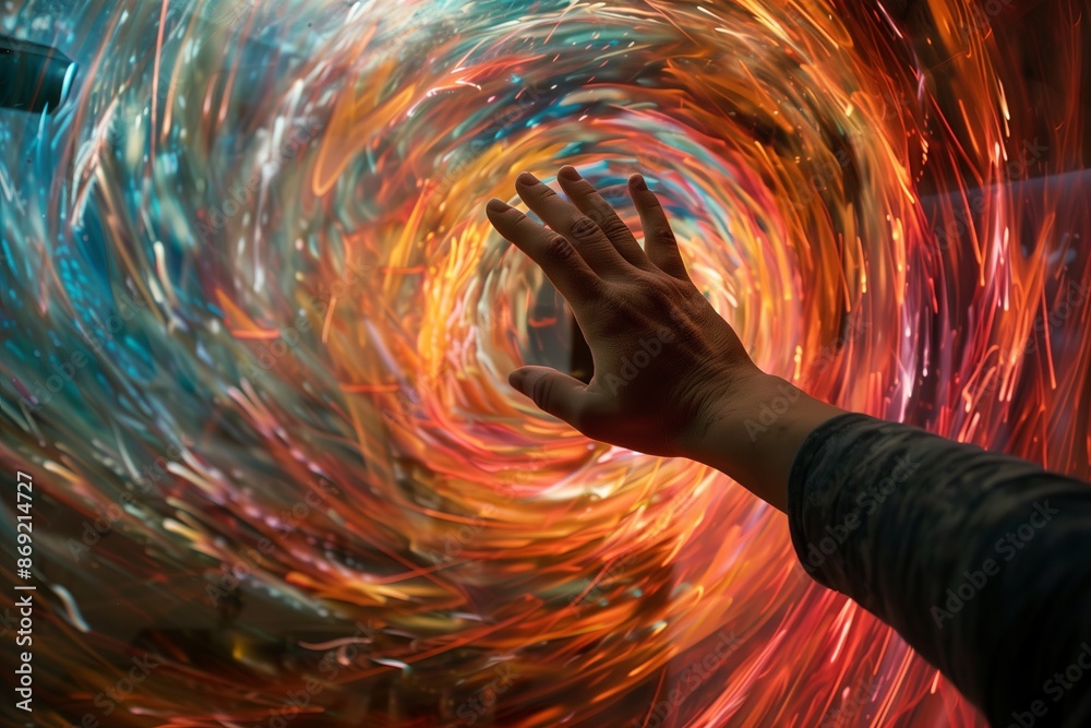 Poster an abstract of a person reaching out to touch a mirror, but their hand is met by a swirling vortex