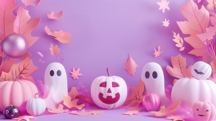 Jack O'Lantern pumpkins and cute pink Halloween decorations on pastel purple plain background with copy space for text, suit for Halloween background and advertisement.