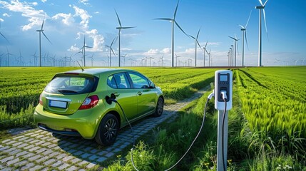 Electric Car Charging in a Green Field with Wind Turbines in the Background on a Sunny Day