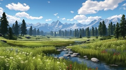 The image is of a beautiful landscape with a river running through it. The river is surrounded by green grass and flowers.