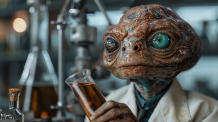 Alien scientist conducting experiment in laboratory