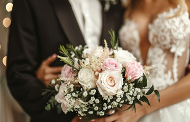 Bride and Groom Holding Wedding Bouquet.