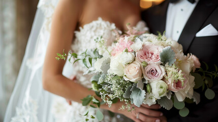 Naklejka premium Bride and Groom Holding Wedding Bouquet.