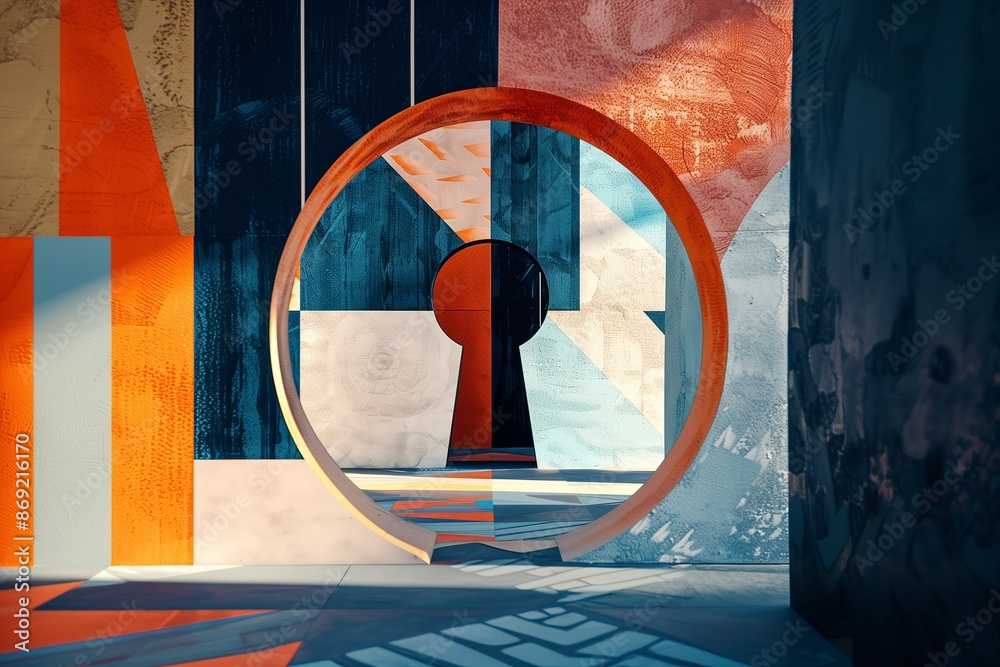 Poster an artistic, high resolution of a keyhole in a luxurious setting, revealing an abstract and trendy