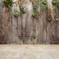 rustic wooden wall with hanging plants and empty beige floor, backdrop for photo shoot