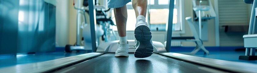 Senior man walking on a treadmill in a clinic during cardiac rehabilitation exercise