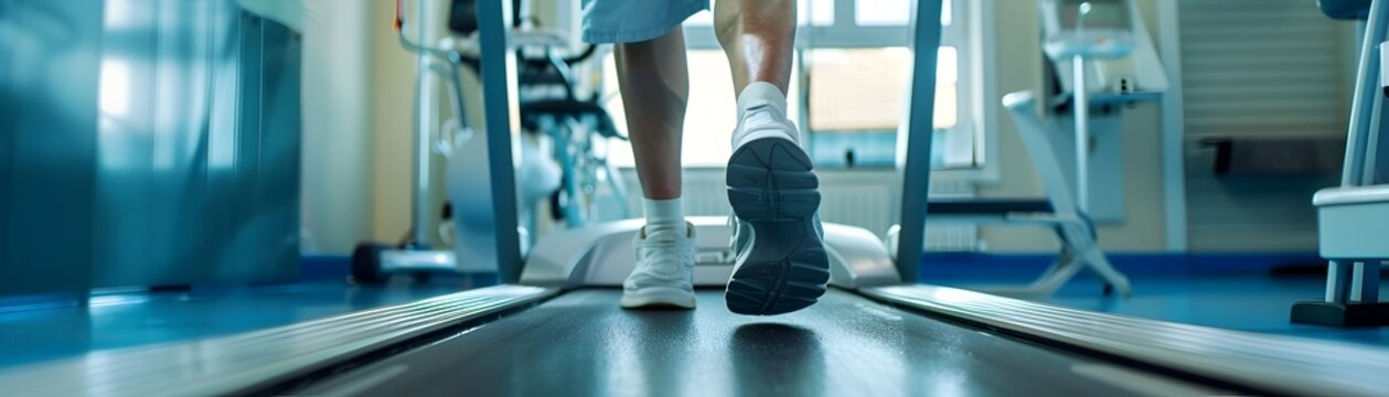 Senior man walking on a treadmill in a clinic during cardiac rehabilitation exercise