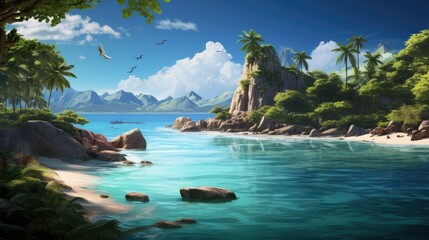 Obraz premium Amazing view of a tropical beach with crystal clear water, white sand, and lush green palm trees.