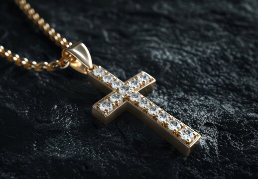 Sparkling golden cross pendant on dark background