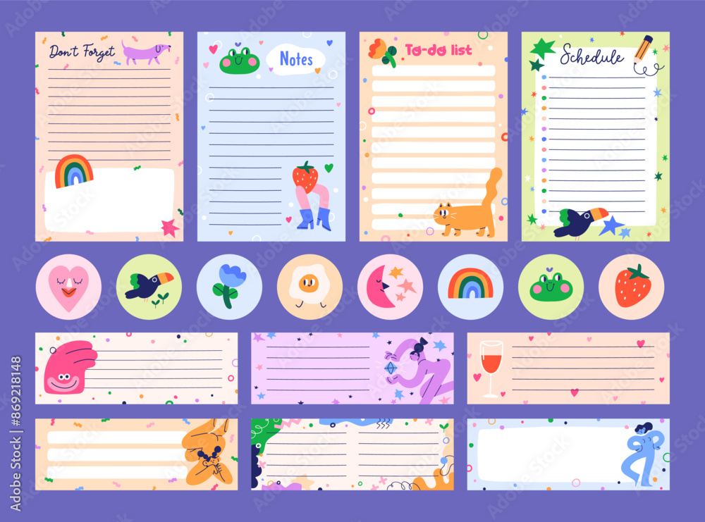 Poster paper sheet designs set. notebook and diary blank pages for notes, schedule, to-do lists, funny roun