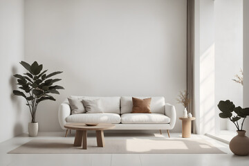 Design sofa, tropical plant, pillows, blanket, gramophone, and mock up picture frames are all featured in this stylish Wabi-sabi white room. Modern living area with white walls and brown oak parque