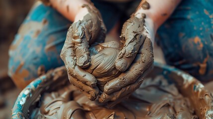 Hands shaping clay capture the personal, tactile, and artistic act of creating from raw material.