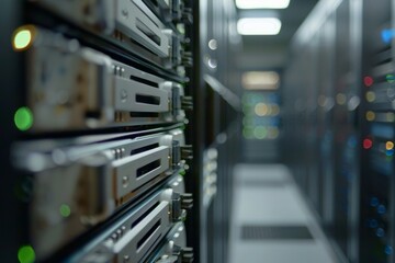 Server room with numerous racks holding powerful computers is running smoothly