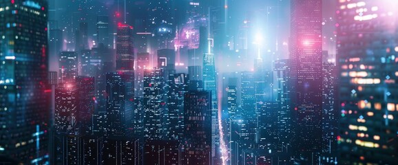 Fototapeta premium Futuristic Cityscape With Bright Glowing Buildings , Wallpapers HD, Background